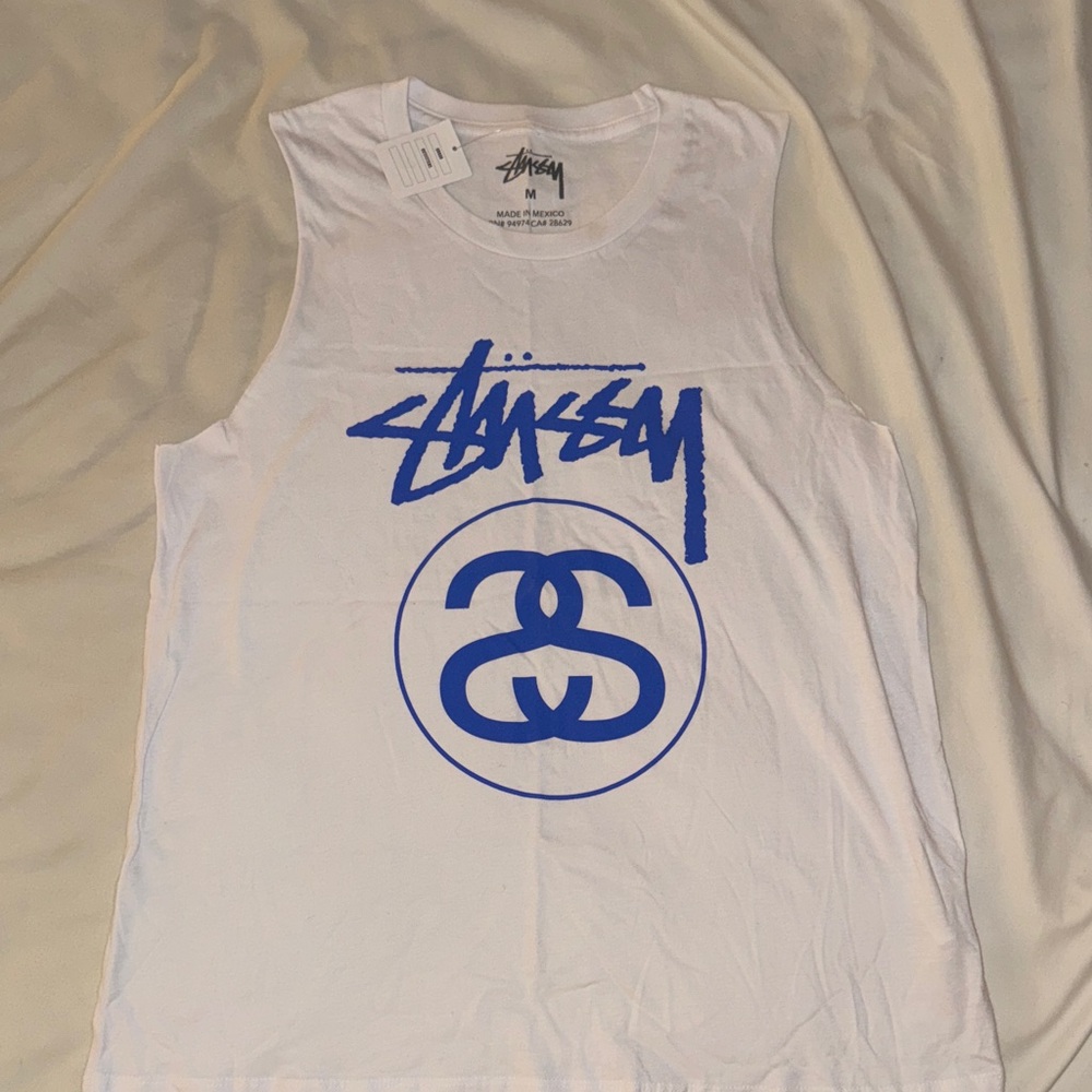 Study White and Blue Graphic Muscle Tank Top